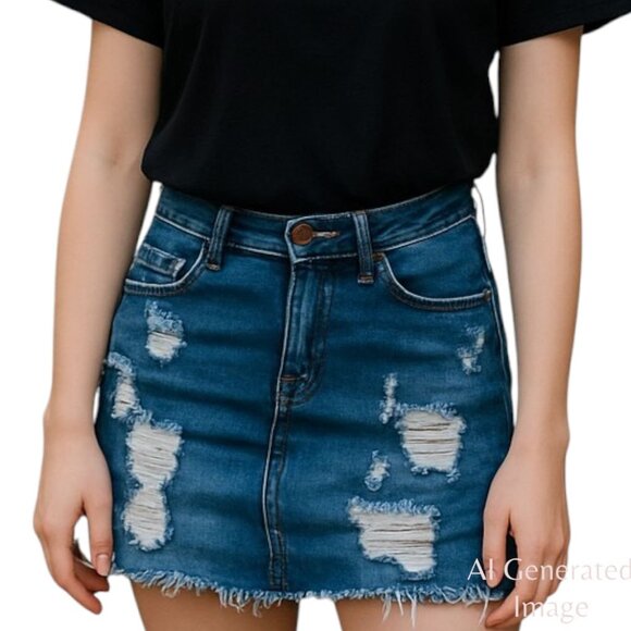 Forever 21 Womens Jean Mini Skirt Distressed Denim Stretch Frayed Hem Size 26 - Picture 1 of 9